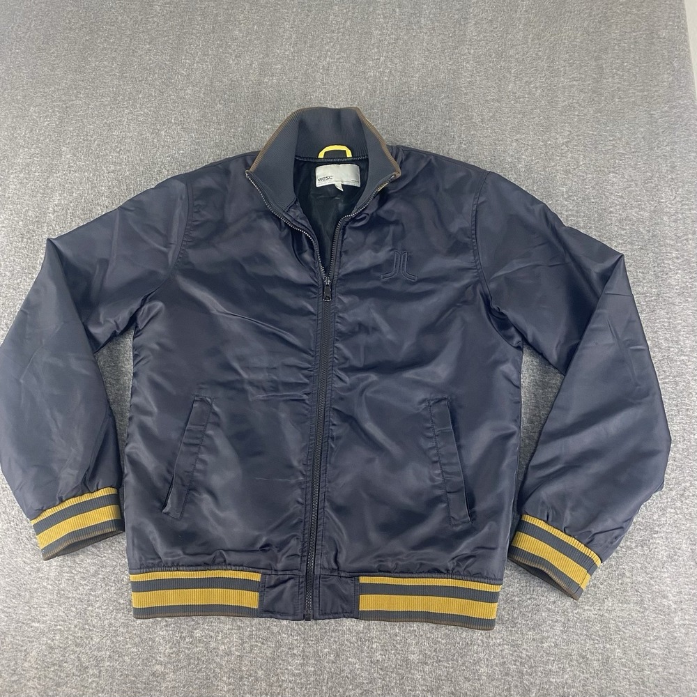 WESC Bomber Jacket Men Medium Navy Full Zip Varsity Read Zipper Issue Repair